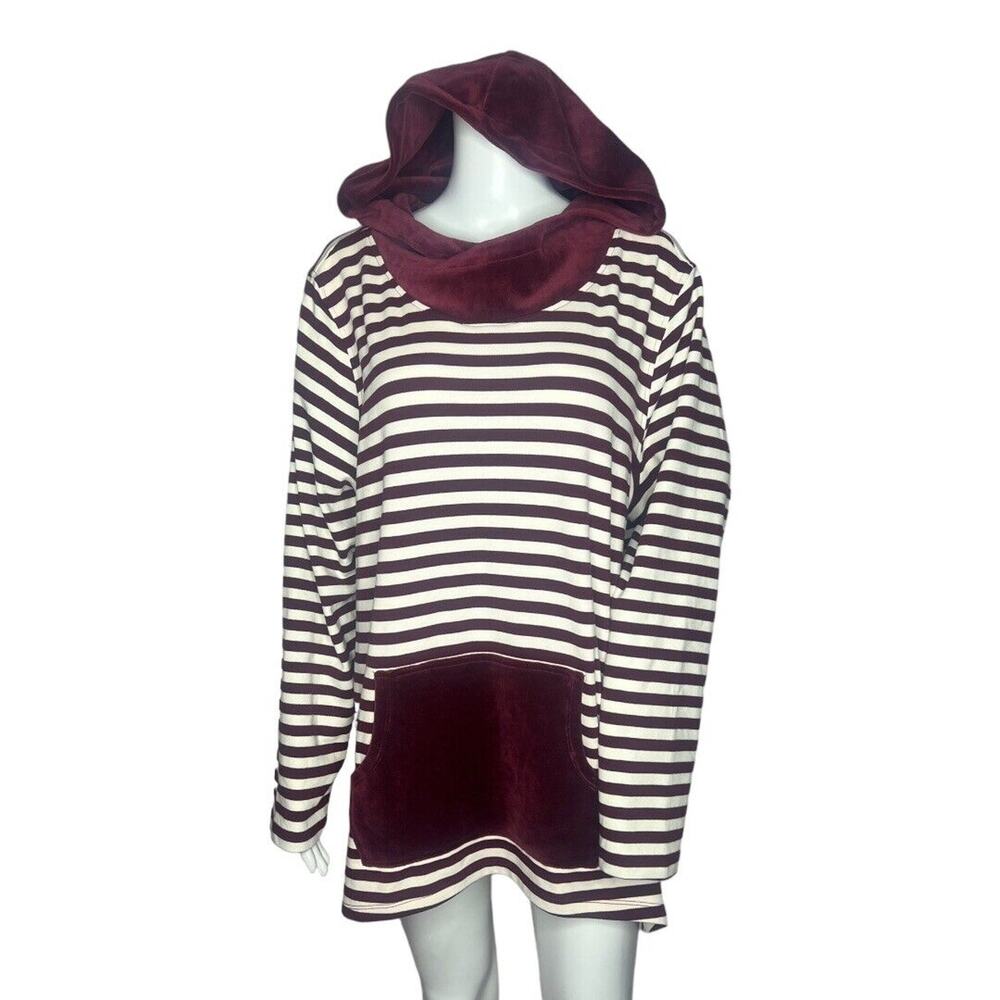 Denim & Co Hoodie Women 2X Burgundy Striped Velour Trim Long Sleeve Tunic Pocket